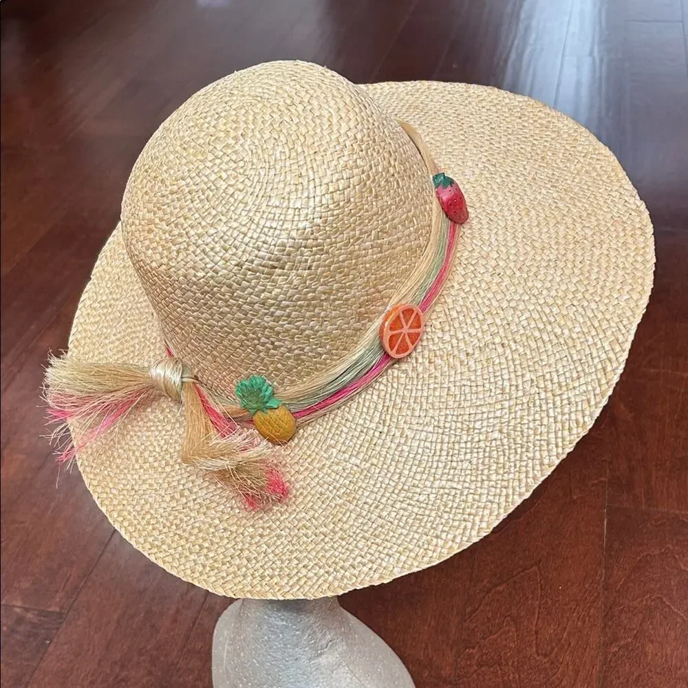 Woven Straw Hat with Fruit Details, Wide Brim Perfect for a Hot Day at the Beach